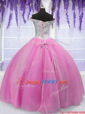 Off the Shoulder Short Sleeves Floor Length Lace Up Vestidos de Quinceanera Hot Pink and In for Military Ball and Sweet 16 and Quinceanera with Beading