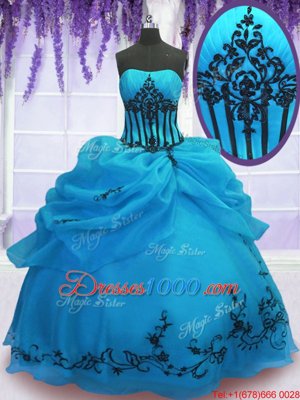 Blue Organza Lace Up Strapless Sleeveless Floor Length Quinceanera Gowns Embroidery