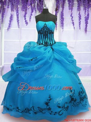 Blue Organza Lace Up Strapless Sleeveless Floor Length Quinceanera Gowns Embroidery