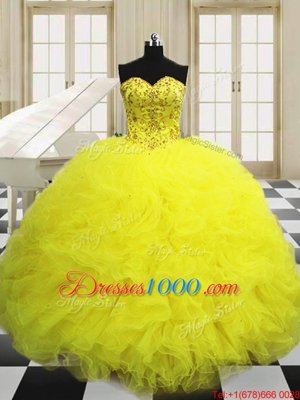 Sleeveless Organza Floor Length Lace Up Quince Ball Gowns in Orange Red for with Beading and Ruffles