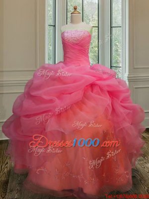 Sleeveless Organza Floor Length Lace Up Sweet 16 Quinceanera Dress in Pink for with Embroidery and Pick Ups