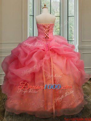 Sleeveless Organza Floor Length Lace Up Sweet 16 Quinceanera Dress in Pink for with Embroidery and Pick Ups