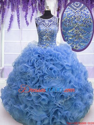 Gorgeous Scoop Baby Blue Organza Lace Up 15 Quinceanera Dress Sleeveless Floor Length Beading and Ruffles