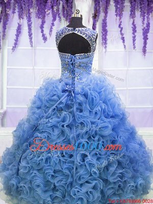 Gorgeous Scoop Baby Blue Organza Lace Up 15 Quinceanera Dress Sleeveless Floor Length Beading and Ruffles