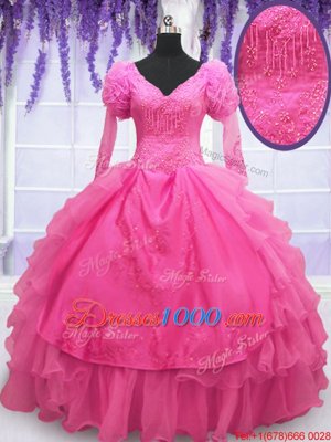 Super Hot Pink Long Sleeves Beading and Embroidery and Hand Made Flower Floor Length Ball Gown Prom Dress