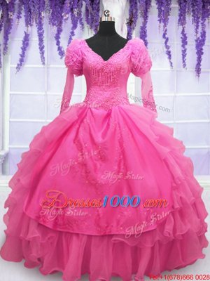 Super Hot Pink Long Sleeves Beading and Embroidery and Hand Made Flower Floor Length Ball Gown Prom Dress