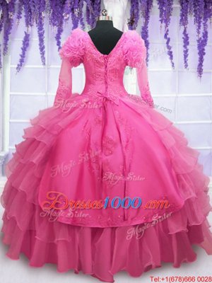 Super Hot Pink Long Sleeves Beading and Embroidery and Hand Made Flower Floor Length Ball Gown Prom Dress