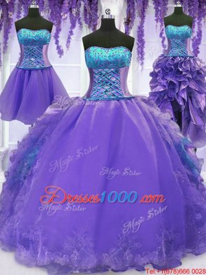 Shining Four Piece Lavender Sleeveless Embroidery and Ruffles Floor Length Sweet 16 Quinceanera Dress