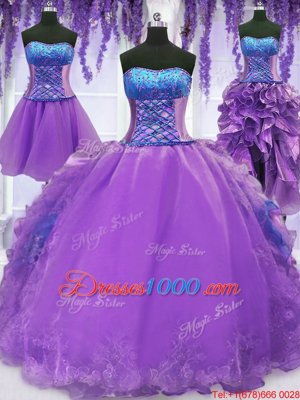 Custom Fit Four Piece Floor Length Lavender Sweet 16 Dresses Strapless Sleeveless Lace Up
