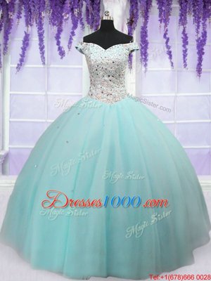 Custom Design Off the Shoulder Floor Length Ball Gowns Short Sleeves Light Blue Quinceanera Gowns Lace Up