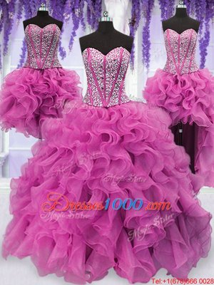 Noble Four Piece Organza Sweetheart Sleeveless Lace Up Ruffles and Sequins Quinceanera Gowns in Lilac