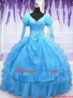 Organza Long Sleeves Floor Length Ball Gown Prom Dress and Beading and Embroidery and Hand Made Flower