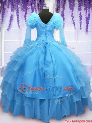 Organza Long Sleeves Floor Length Ball Gown Prom Dress and Beading and Embroidery and Hand Made Flower