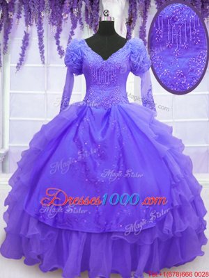 Ball Gowns Quinceanera Gown Purple V-neck Organza Long Sleeves Floor Length Lace Up