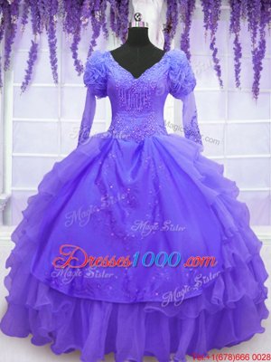 Ball Gowns Quinceanera Gown Purple V-neck Organza Long Sleeves Floor Length Lace Up