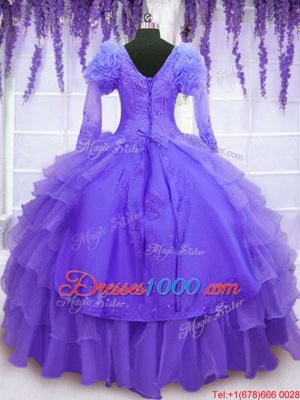 Ball Gowns Quinceanera Gown Purple V-neck Organza Long Sleeves Floor Length Lace Up