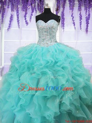 Aqua Blue Sleeveless Floor Length Ruffles and Sequins Lace Up 15 Quinceanera Dress