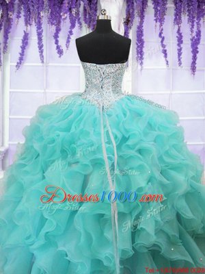 Aqua Blue Sleeveless Floor Length Ruffles and Sequins Lace Up 15 Quinceanera Dress