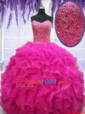 Pink And White Organza Lace Up Vestidos de Quinceanera Sleeveless Floor Length Beading and Ruffles