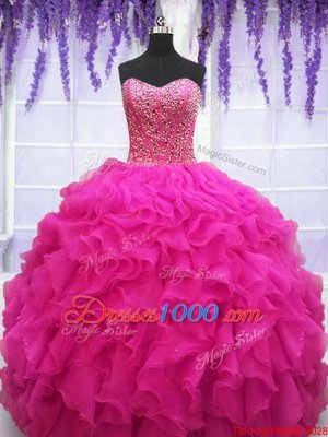 Dazzling Fuchsia Sleeveless Beading and Ruffles Floor Length Sweet 16 Quinceanera Dress