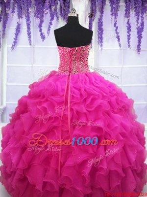 Dazzling Fuchsia Sleeveless Beading and Ruffles Floor Length Sweet 16 Quinceanera Dress