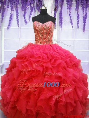 Edgy Sleeveless Organza Floor Length Lace Up Quince Ball Gowns in Coral Red for with Beading and Ruffles