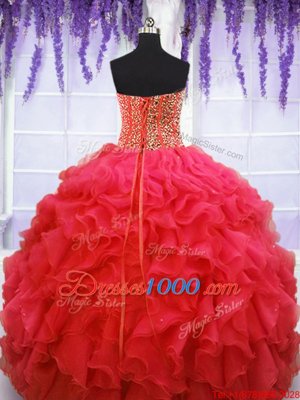 Edgy Sleeveless Organza Floor Length Lace Up Quince Ball Gowns in Coral Red for with Beading and Ruffles