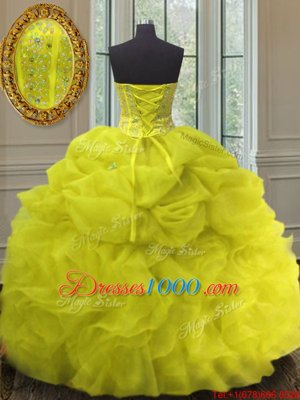 Glittering Sleeveless Floor Length Beading and Ruffles and Pick Ups Lace Up Sweet 16 Quinceanera Dress with Yellow