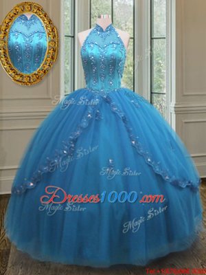 Blue Sleeveless Beading and Appliques Floor Length Sweet 16 Dresses