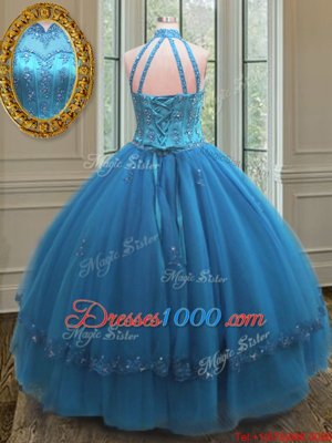 Blue Sleeveless Beading and Appliques Floor Length Sweet 16 Dresses