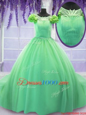 Best Scoop Short Sleeves Tulle 15th Birthday Dress Hand Made Flower Court Train Lace Up