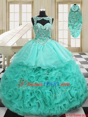 Modern Scoop Apple Green Lace Up Vestidos de Quinceanera Beading and Ruffles Sleeveless Court Train
