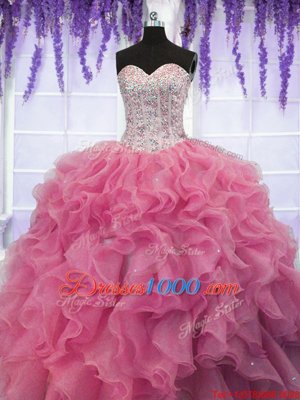 Sleeveless Floor Length Ruffles and Sequins Lace Up Quince Ball Gowns with Rose Pink