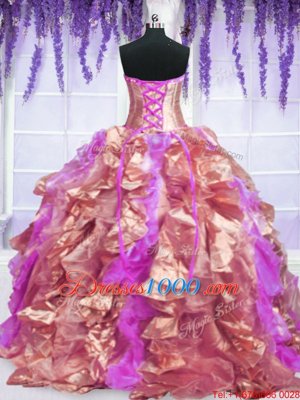 Watermelon Red Lace Up Quinceanera Dress Embroidery and Ruffles Sleeveless Floor Length