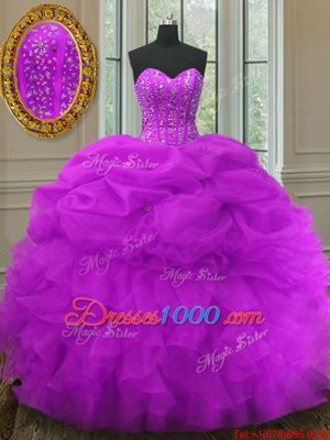 Fuchsia Organza Lace Up Quince Ball Gowns Sleeveless Floor Length Beading and Ruffles and Pick Ups