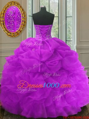 Fuchsia Organza Lace Up Quince Ball Gowns Sleeveless Floor Length Beading and Ruffles and Pick Ups