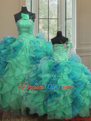 Free and Easy Multi-color Ball Gowns Organza Sweetheart Sleeveless Beading and Ruffles Floor Length Lace Up Quinceanera Gowns