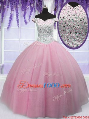 Pretty Off the Shoulder Beading 15th Birthday Dress Baby Pink Lace Up Short Sleeves Floor Length