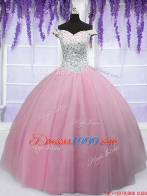 Pretty Off the Shoulder Beading 15th Birthday Dress Baby Pink Lace Up Short Sleeves Floor Length