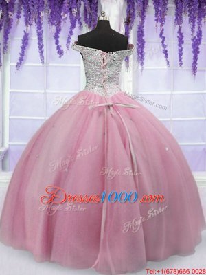 Pretty Off the Shoulder Beading 15th Birthday Dress Baby Pink Lace Up Short Sleeves Floor Length