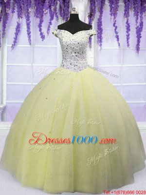 Free and Easy Light Yellow Off The Shoulder Lace Up Beading Sweet 16 Dress Short Sleeves