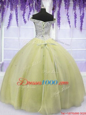 Free and Easy Light Yellow Off The Shoulder Lace Up Beading Sweet 16 Dress Short Sleeves