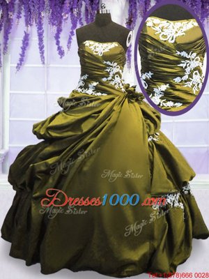 Eye-catching Sleeveless Floor Length Appliques and Pick Ups Lace Up Quince Ball Gowns with Olive Green