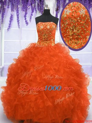 Edgy Orange Red Lace Up Strapless Beading and Appliques and Ruffles Quinceanera Dresses Organza Sleeveless Brush Train