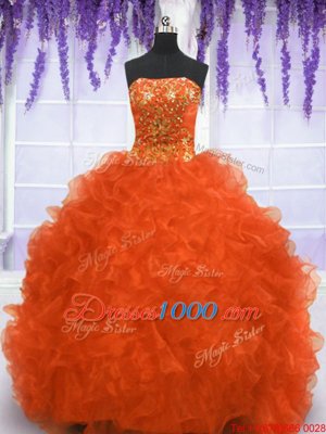 Edgy Orange Red Lace Up Strapless Beading and Appliques and Ruffles Quinceanera Dresses Organza Sleeveless Brush Train