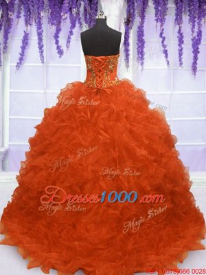 Edgy Orange Red Lace Up Strapless Beading and Appliques and Ruffles Quinceanera Dresses Organza Sleeveless Brush Train