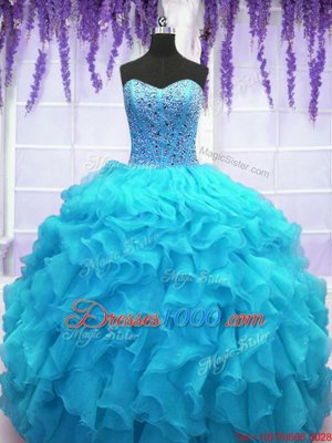 Baby Blue Sweet 16 Dress Military Ball and Sweet 16 and Quinceanera and For with Beading and Ruffles Sweetheart Sleeveless Lace Up