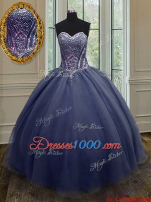 Dazzling Sleeveless Organza Floor Length Lace Up Sweet 16 Dress in Navy Blue for with Beading and Ruching