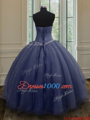 Dazzling Sleeveless Organza Floor Length Lace Up Sweet 16 Dress in Navy Blue for with Beading and Ruching