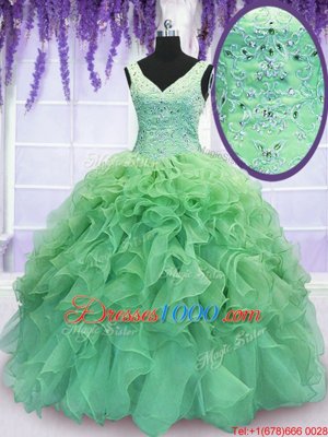 Cute Ball Gowns V-neck Sleeveless Organza Floor Length Lace Up Beading and Ruffles Sweet 16 Dress
